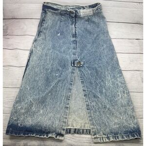 Vintage Limited Express Acid Wash Denim Skirt High Waist Front Slit Blue Midi